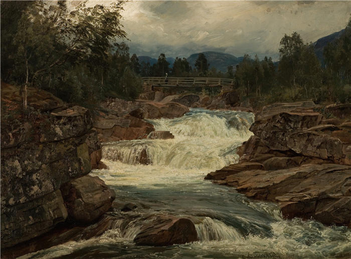 阿玛拉杜斯·尼尔森 （Amaldus Nielsen，挪威画家 ）高清作品-《霍宁达尔斯福森，北峡湾 (1879)》