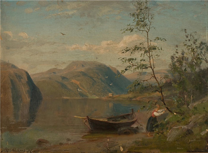 阿玛拉杜斯·尼尔森 (Amaldus Nielsen,挪威画家 )高清作品-《Strandparti,哈当厄尔 (1870)》