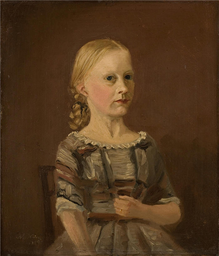 阿玛拉杜斯·尼尔森 (Amaldus Nielsen,挪威画家 )高清作品-《艺术家表妹卡特琳·坎斯特鲁普夫人的肖像(12年)(1859年) 》