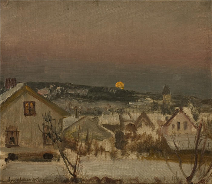阿玛拉杜斯·尼尔森 （Amaldus Nielsen，挪威画家 ）高清作品-《从工作室窗口看冬夜（1875） 》