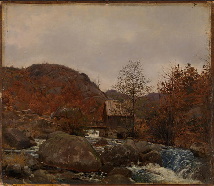 阿玛拉杜斯·尼尔森 （Amaldus Nielsen，挪威画家 ）高清作品-《曼达尔附近弗罗斯特斯塔德的磨坊（1863 年）》