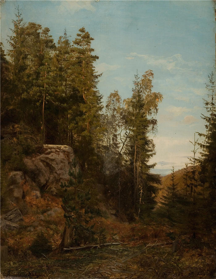 阿玛拉杜斯·尼尔森 (Amaldus Nielsen,挪威画家 )高清作品-《斯科金特里厄,曼达尔·别兰 (1862)》