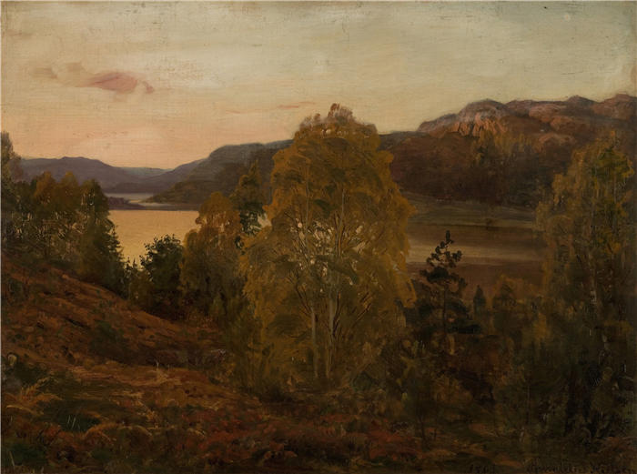 阿玛拉杜斯·尼尔森 （Amaldus Nielsen，挪威画家 ）高清作品-《秋天的傍晚，曼达尔（1863）》