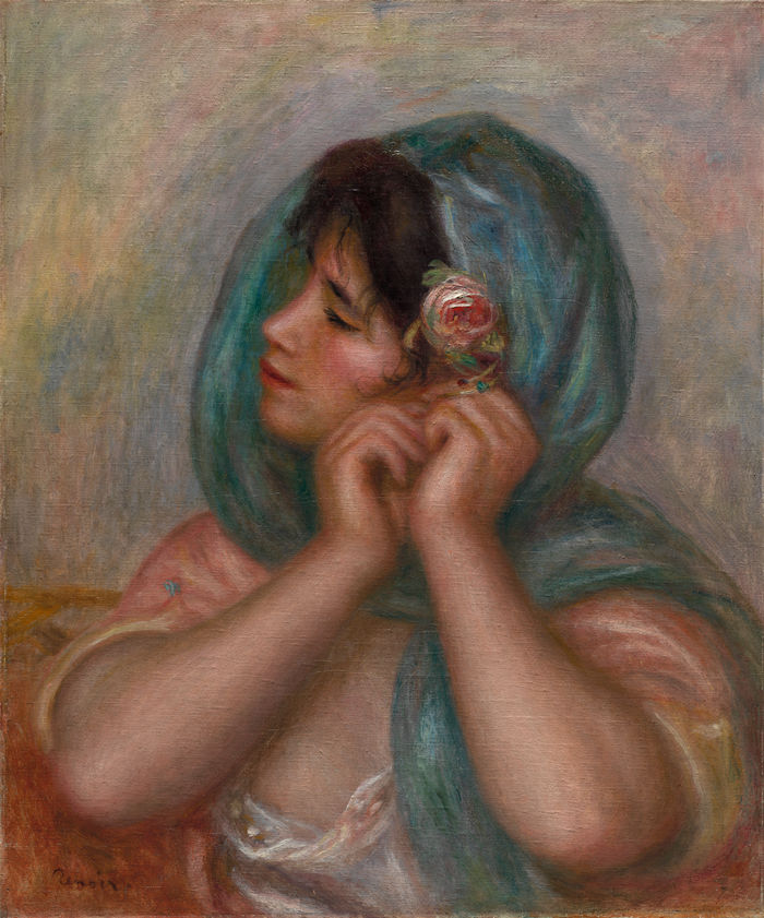 皮埃尔·奥古斯特·雷诺阿(Pierre-Auguste Renoir)作品 –年轻女子整理她的耳环