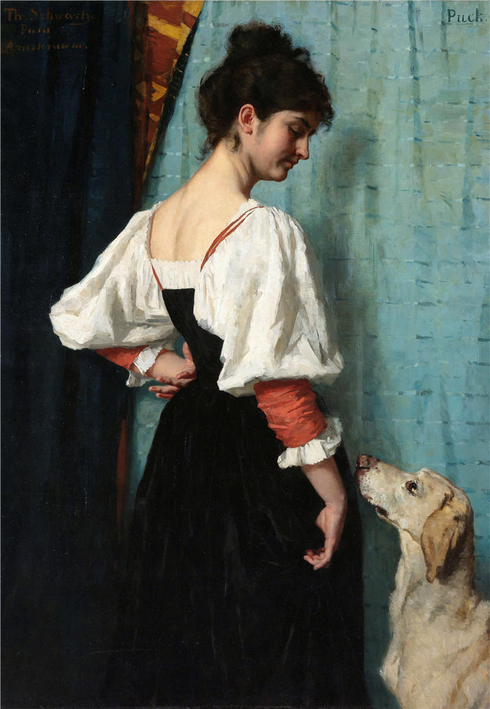 特蕾莎·施瓦茨（Thérèse Schwartze，荷兰画家）高清作品-《一个年轻女子与“帕克”狗的肖像（c. 1879 - c. 1885）》