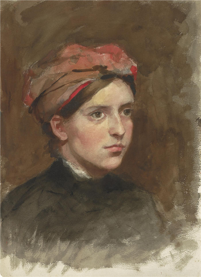 特蕾莎·施瓦茨（Thérèse Schwartze，荷兰画家）高清作品-《戴着红色头巾的年轻女子肖像（1861年至1918年）》