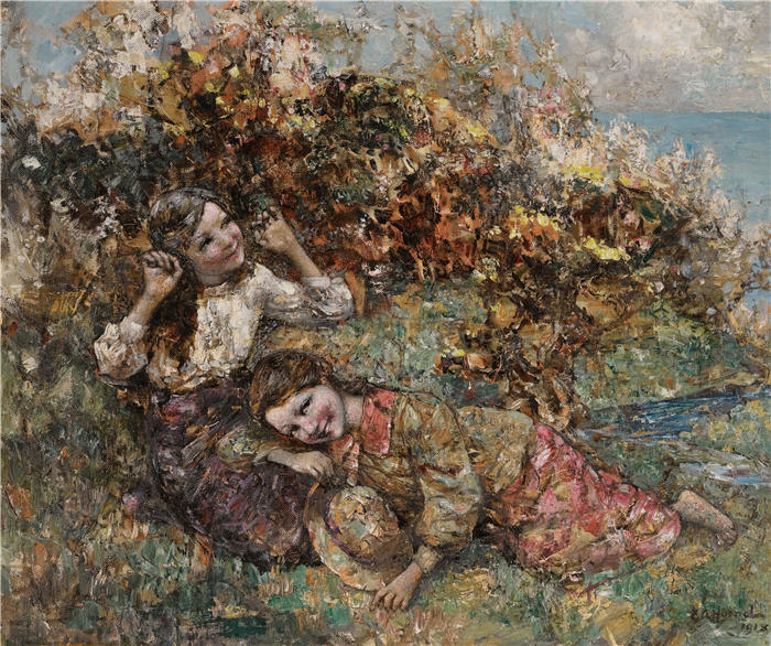 爱德华·阿特金森·霍内尔（Edward Atkinson Hornel，苏格兰画家）高清作品-《采野花的少女 (1918)》