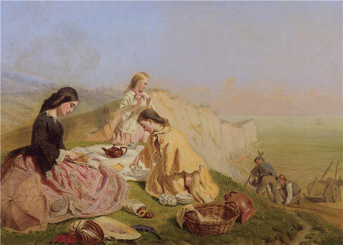 乔治·埃尔加·希克斯 (George Elgar Hicks，英国画家)高清作品-《悬崖上的野餐》