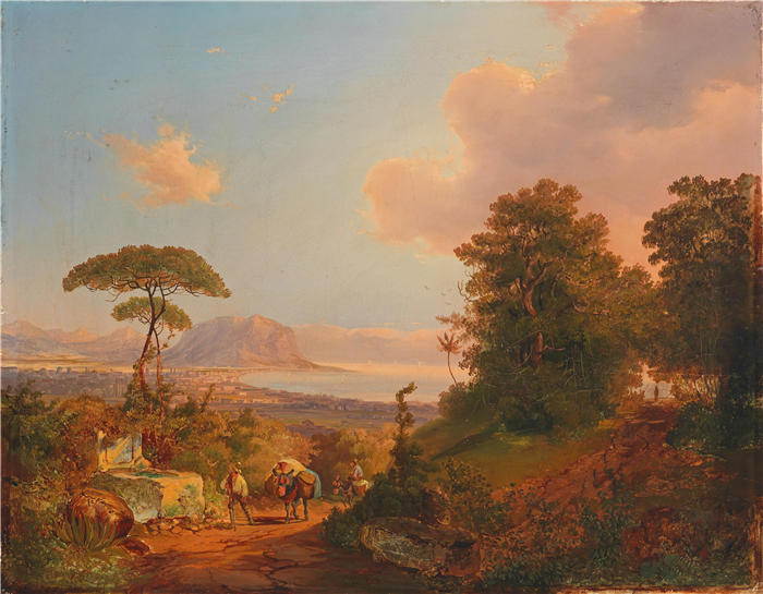 卡尔·施文宁格(Carl Schweninger,奥地利画家)高清作品-《巴勒莫湾风景(1845)》