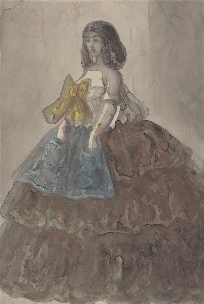 康斯坦丁·盖伊（Constantin Guys，法国画家）高清作品-《穿着大蝴蝶结分层礼服的女人（19 世纪）》