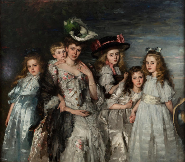 特蕾莎·施瓦茨（Thérèse Schwartze，荷兰画家）高清作品-《A.G.M.van Ogtrop Hanlo夫人（1871-1944）及其五个孩子的肖像》