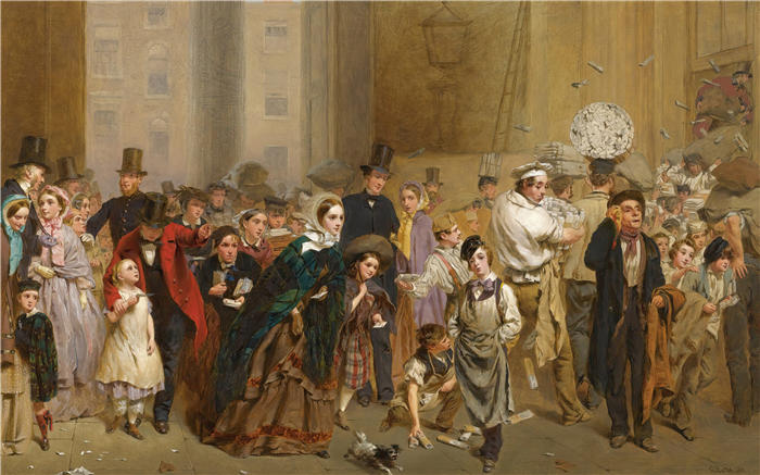 乔治·埃尔加·希克斯 (George Elgar Hicks，英国画家)高清作品-《邮政总局，六点前一分钟（1860 年）》