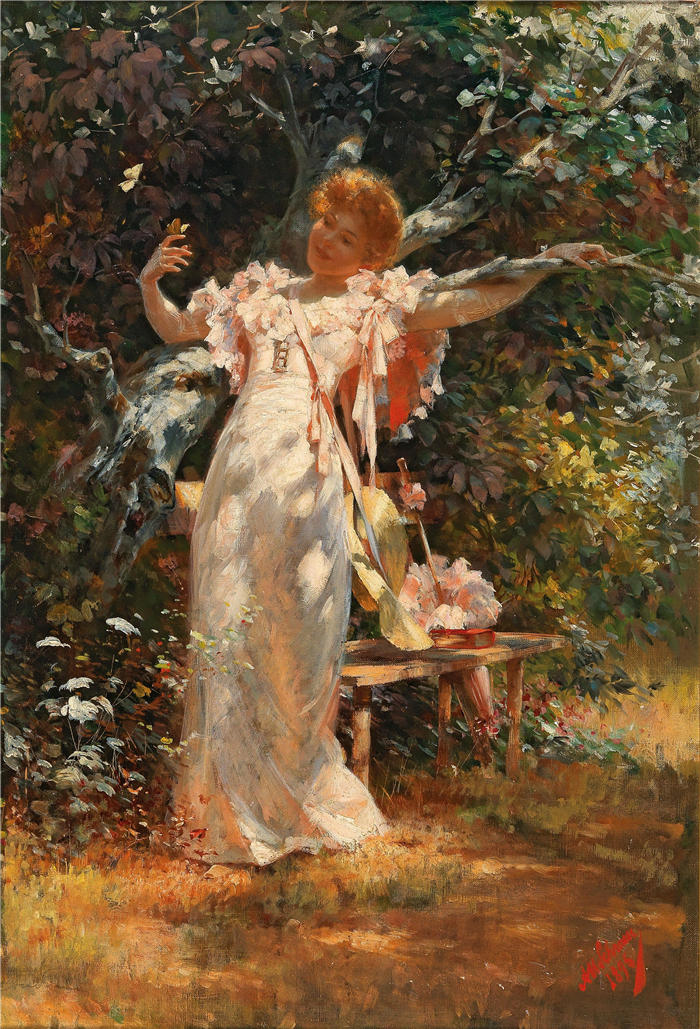 阿洛伊斯·汉斯·施拉姆 (Alois Hans Schram,奥地利画家)高清作品-玩蝴蝶