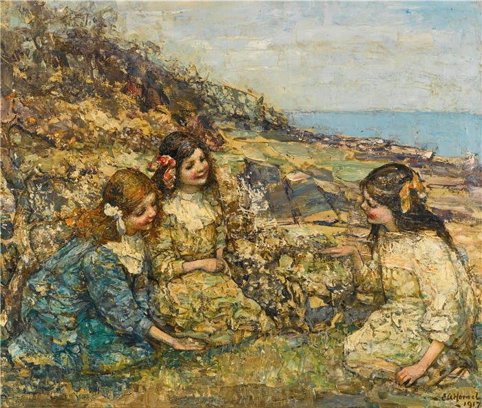 爱德华·阿特金森·霍内尔（Edward Atkinson Hornel，苏格兰画家）高清作品-《吹蒲公英 (1917)》