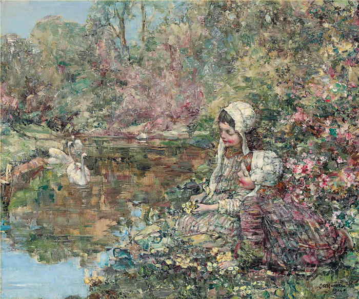 爱德华·阿特金森·霍内尔（Edward Atkinson Hornel，苏格兰画家）高清作品-《伍兹湖 (1914)》