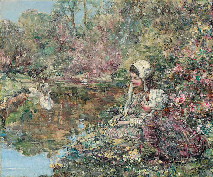 爱德华·阿特金森·霍内尔(Edward Atkinson Hornel,苏格兰画家)高清作品-《伍兹湖 (1914)》