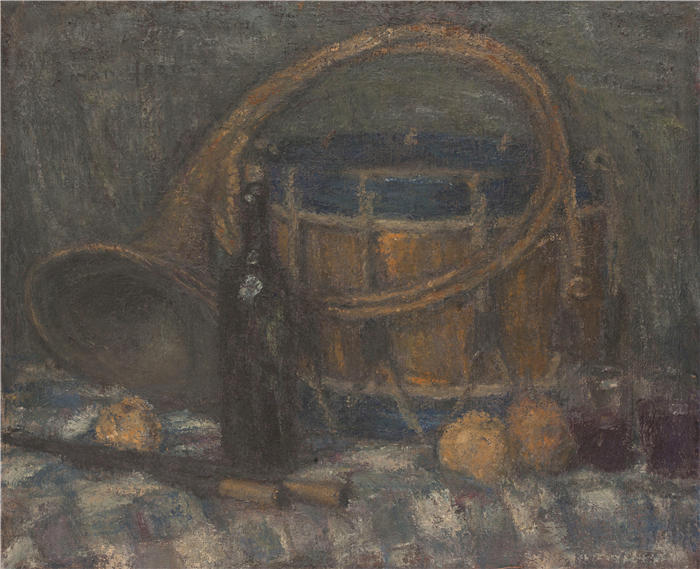 埃德蒙·弗朗索瓦·阿曼-让（Edmond Aman-Jean，法国画家）作品-《喇叭鼓静物（1900）》