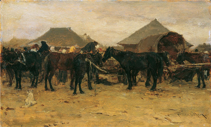 奥古斯特·冯·佩滕科芬（August von Pettenkofen，奥地利画家）高清作品-《索尔诺克一世的 Pferdemarkt（1870-1880 年）》