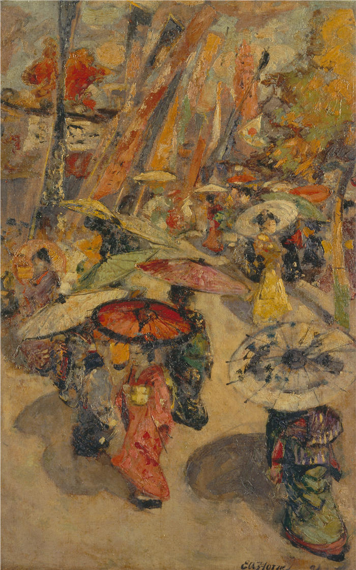 爱德华·阿特金森·霍内尔（Edward Atkinson Hornel，苏格兰画家）高清作品-《东京街景》