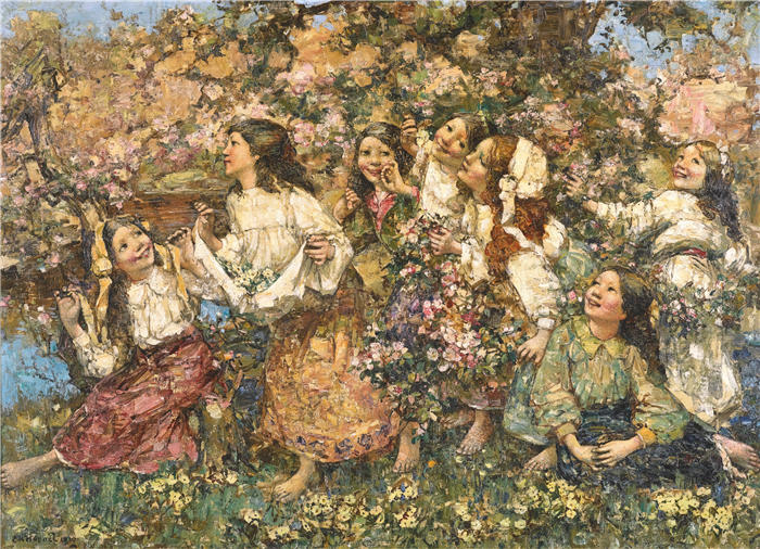 爱德华·阿特金森·霍内尔（Edward Atkinson Hornel，苏格兰画家）高清作品-《春天的朗德利 (1910)》