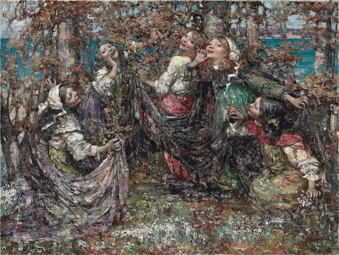 爱德华·阿特金森·霍内尔(Edward Atkinson Hornel,苏格兰画家)高清作品-《环一环一玫瑰(1909)》
