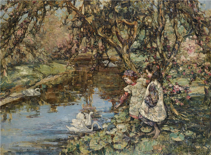 爱德华·阿特金森·霍内尔(Edward Atkinson Hornel,苏格兰画家)高清作品-《喂天鹅 (1912)》