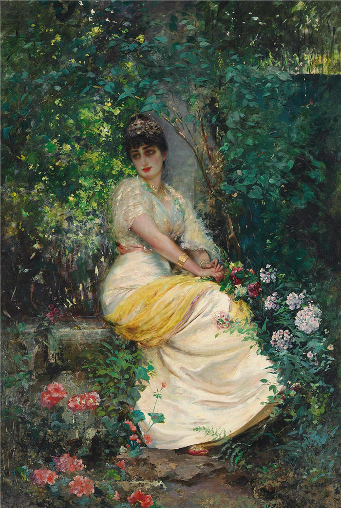 爱德华·弗雷德里克·威廉·里希特 (Édouard Frédéric Wilhelm Richter，法国) 作品-《树荫下的座位》