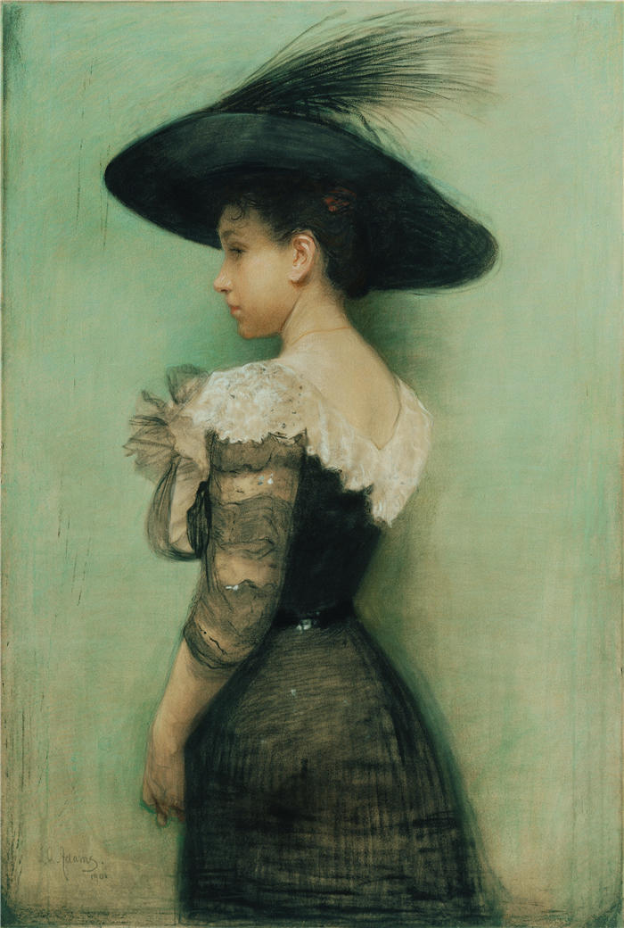 约翰·昆西亚·当斯（John Quincy Adams ，奥地利画家）作品-穿黑衣服戴黑帽子的女士（爱丽丝·豪瑟）（1901）