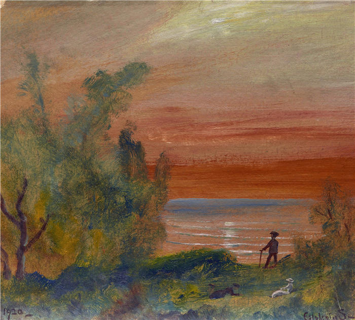路易斯·米歇尔·艾西莫斯（Louis Michel Eilshemius，美国画家）高清作品-《夕阳与站在岸边的人（1920）》