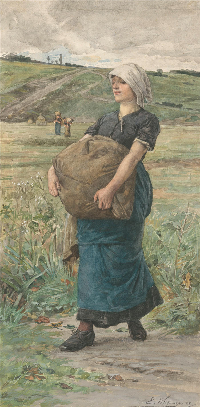 恩斯特·维特坎普（Ernst Witkamp，荷兰画家）作品-背着沉重袋子奔跑的女人（1883）