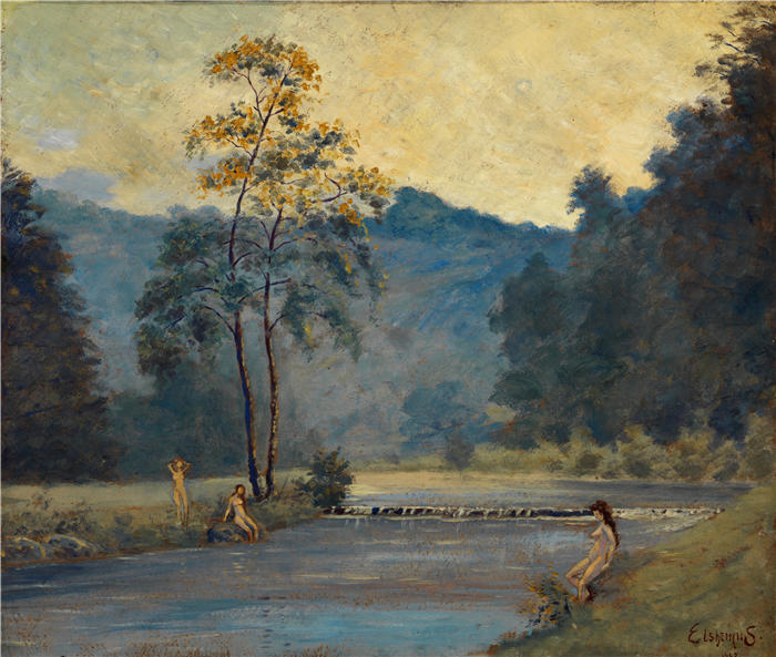 路易斯·米歇尔·艾西莫斯（Louis Michel Eilshemius，美国画家）高清作品-《三个女孩和河流 (1907)》