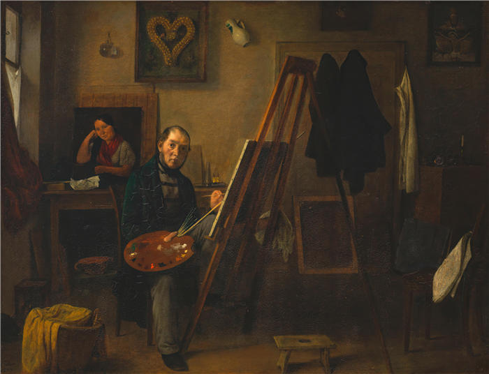 迈克尔·内德（Michael Neder，德国画家）高清作品-《画架上的迈克尔·内德自画像（1853）》