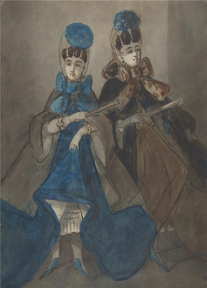 康斯坦丁·盖伊（Constantin Guys，法国画家）高清作品-《有粉丝的两个女人（19 世纪）》