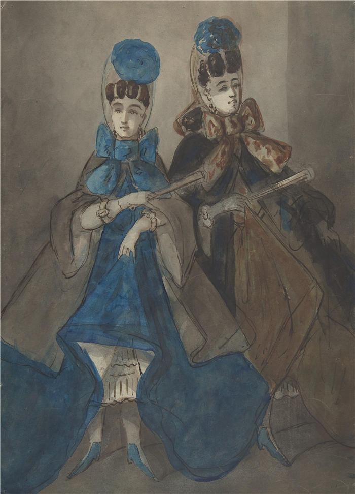 康斯坦丁·盖伊(Constantin Guys,法国画家)高清作品-《有粉丝的两个女人(19 世纪)》