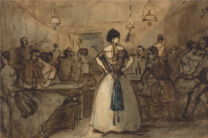 康斯坦丁·盖伊(Constantin Guys,法国画家)高清作品-《内部的军官和妓女(19 世纪)》