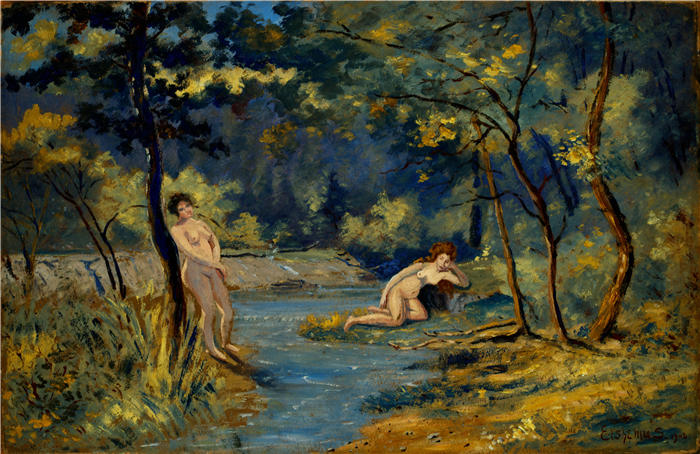 路易斯·米歇尔·艾西莫斯（Louis Michel Eilshemius，美国画家）高清作品-《站立和斜倚仙女 (1908)》