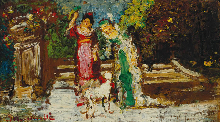 阿道夫·蒙蒂塞利(Adolphe Monticelli,法国画家)高清作品-《两个女人和一只狗》