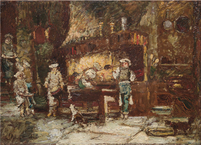 阿道夫·蒙蒂塞利(Adolphe Monticelli,法国画家)高清作品-《Rôtisserie des Deux Paons 的厨房(c. 1875-1881)》