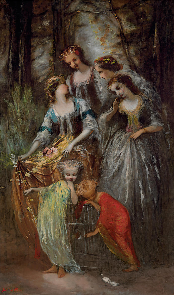 阿道夫·蒙蒂塞利（Adolphe Monticelli，法国画家）高清作品-《欧仁妮皇后和她的侍从》