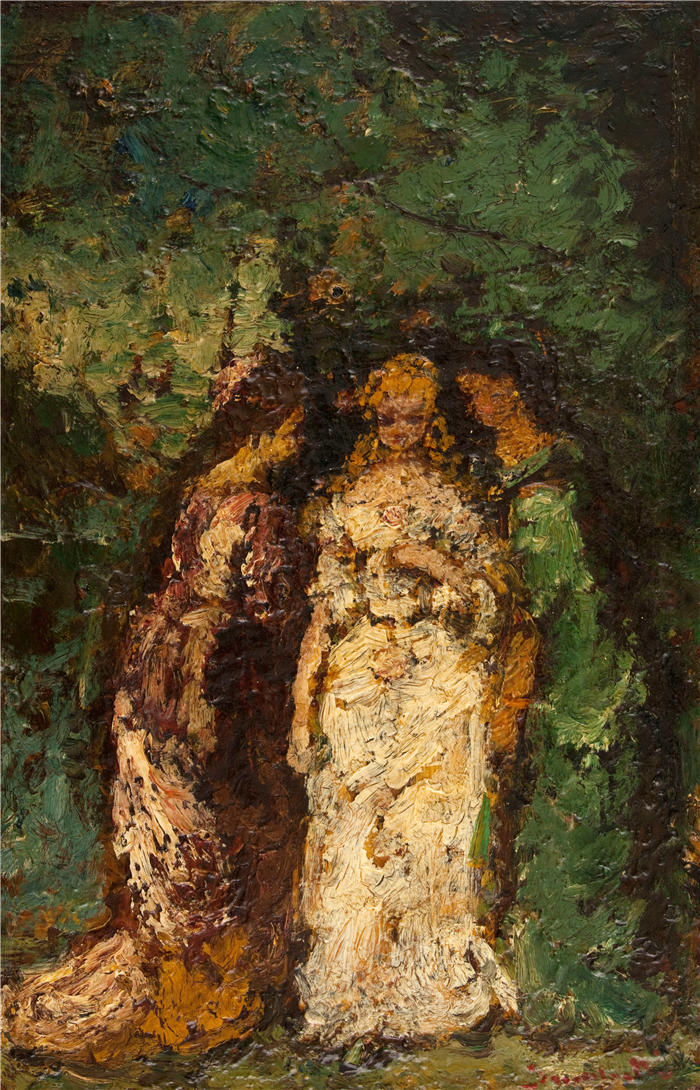 阿道夫·蒙蒂塞利（Adolphe Monticelli，法国画家）高清作品-《树下三个女人（1870-1880）》