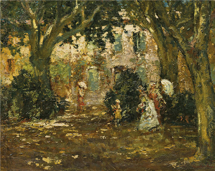 阿道夫·蒙蒂塞利（Adolphe Monticelli，法国画家）高清作品-《花园里的女人》