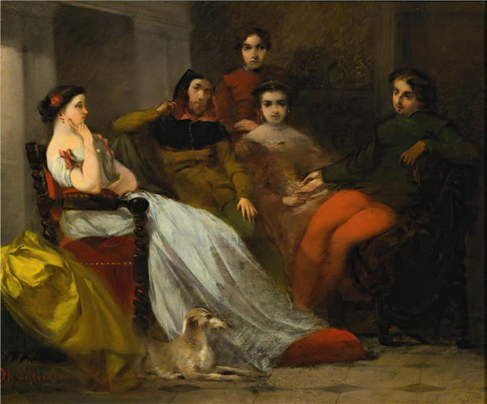 阿道夫·蒙蒂塞利(Adolphe Monticelli,法国画家)高清作品-《晚餐后的谈话(约1852年)》