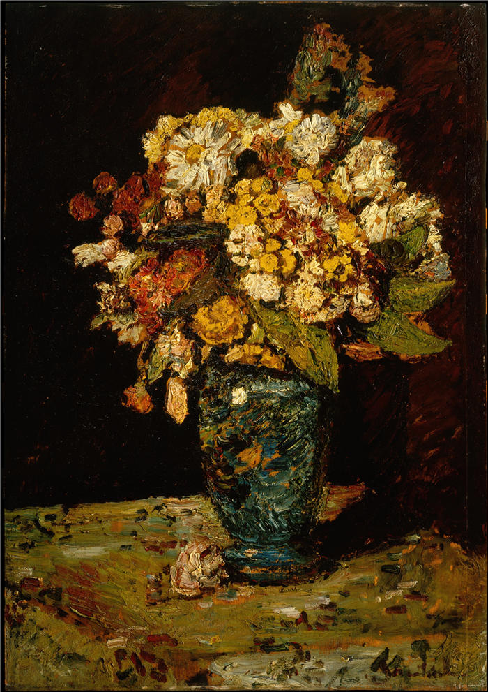 阿道夫·蒙蒂塞利（Adolphe Monticelli，法国画家）高清作品-《蓝色花瓶里的花（1879-1883）》