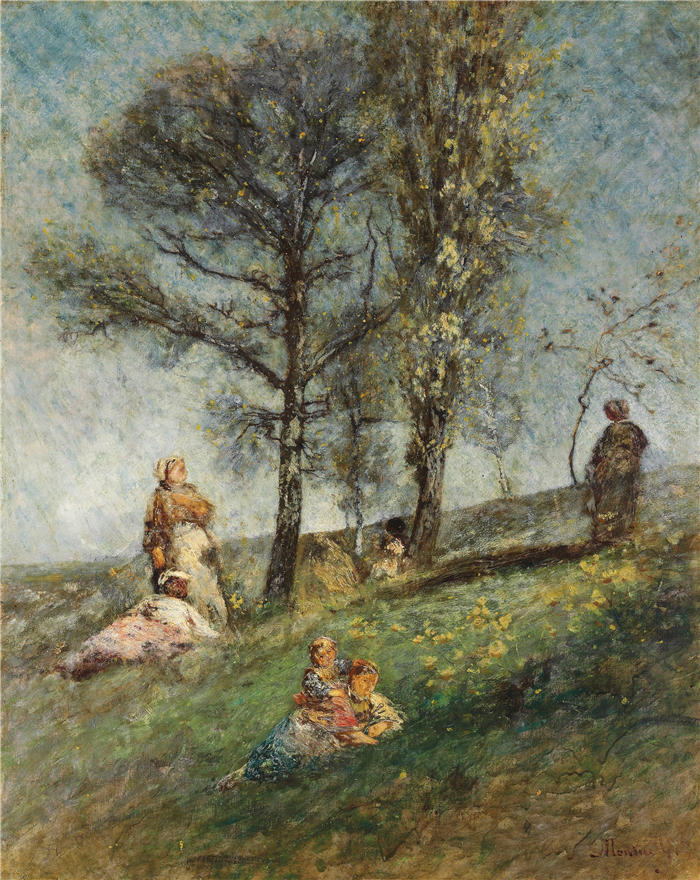 阿道夫·蒙蒂塞利(Adolphe Monticelli,法国画家)高清作品-《一个年轻的家庭在山上的树下》