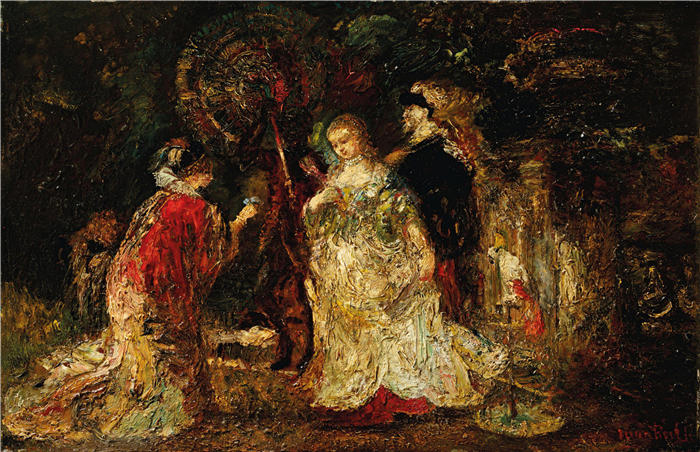 阿道夫·蒙蒂塞利(Adolphe Monticelli,法国画家)高清作品-《公园里的优雅女性》