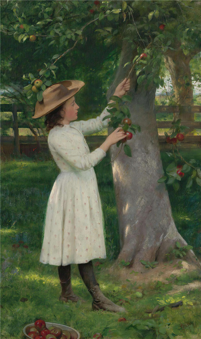 西摩·约瑟夫·盖伊（Seymour Joseph Guy，美国画家）作品-摘苹果（约 1870 年）