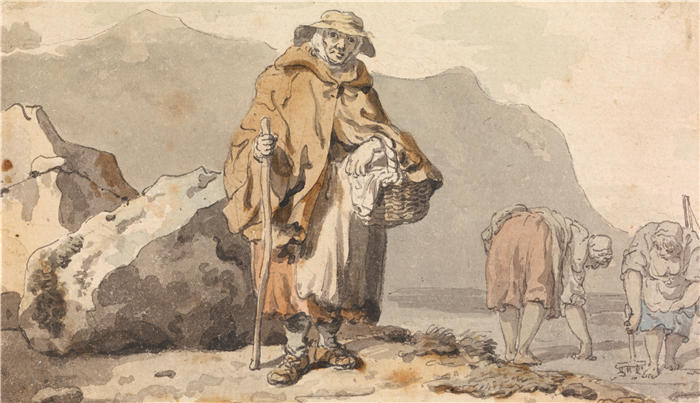 弗朗西斯·惠特利（Francis Wheatley，英国画家）高清作品-《一个老渔妇和两个女人在挖鱼饵》