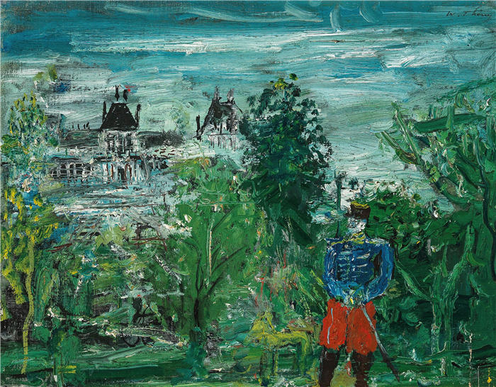 威廉·托尼（Wilhelm Thöny，奥地利画家）作品-城堡公园军官（法国城堡）（1931-1933）