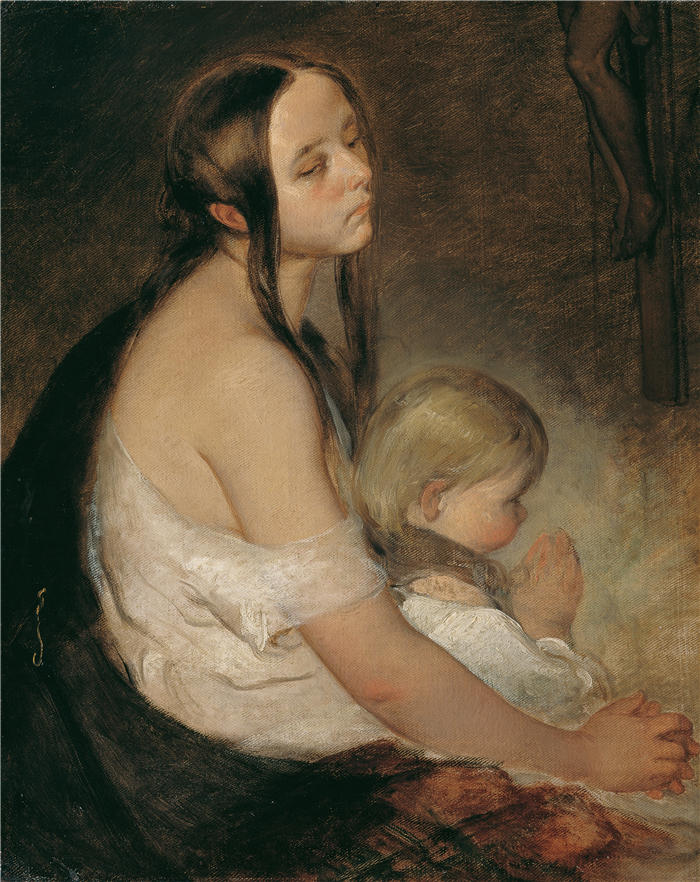 彼得·芬迪(Peter Fendi，奥地利画家)作品-《耶稣受难像下有孩子的母亲》
