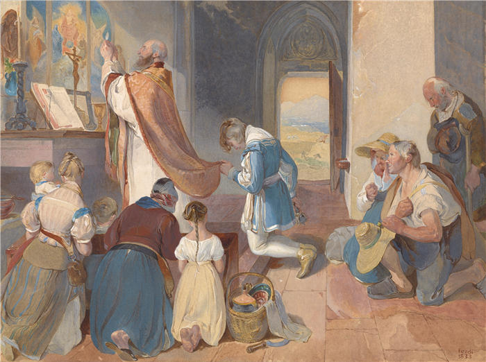彼得·芬迪(Peter Fendi，奥地利画家)作品-《弗里多林协助弥撒（1833 年）》